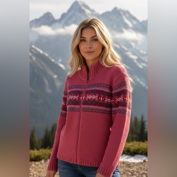 Talbots Wool Fair Isle Red Full Zip Cardigan Sweater Women’s Size L - Picture 14 of 14